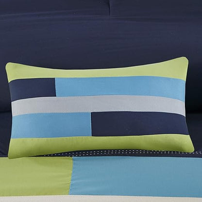 Cozy Comforter Set Geometric Stripes Vibrant Color Design All Season Bedding Matching Shams, Decorative Pillow, Full/Queen, Pipeline Navy, 4 Piece